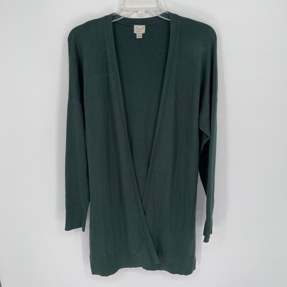 A New Day Women's Green Long Sleeve Open Front Knit Cardigan Sweater Size L